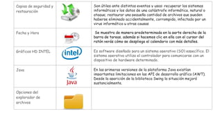 Copias de seguridad y
restauración
Son útiles ante distintos eventos y usos: recuperar los sistemas
informáticos y los datos de una catástrofe informática, natural o
ataque; restaurar una pequeña cantidad de archivos que pueden
haberse eliminado accidentalmente, corrompido, infectado por un
virus informático u otras causas
Fecha y Hora Se muestra de manera predeterminada en la parte derecha de la
barra de tareas, además si hacemos clic en ella con el cursor del
ratón verás cómo se despliega el calendario con más detalles.
Gráficos HD INTEL Es software diseñado para un sistema operativo (SO) específico. El
sistema operativo utiliza el controlador para comunicarse con un
dispositivo de hardware determinado.
Java En las primeras versiones de la plataforma Java existían
importantes limitaciones en las API de desarrollo gráfico (AWT).
Desde la aparición de la biblioteca Swing la situación mejoró
sustancialmente.
Opciones del
explorador de
archivos
 