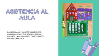 ASISTENCIA AL
ASISTENCIA AL
AULA
AULA
PARA TRABAJAR LA ASISTENCIA EN CLASE,
COMPROBAREMOS QUE NIÑOS/AS SE HAN
QUEDADO EN CASA Y POR LO TANTO CUANTOS
QUEDAN EN EL AULA.