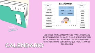 CALENDARIO
CALENDARIO
LOS NIÑOS Y NIÑAS MEDIANTE EL PANEL MOSTRADO
DEBERÁN INDICAR EL DÍA EN EL QUE SE ENCUENTRAN
DE LA SEMANA Y EL MES EN EL QUE ESTÁN MEDIANTE
UNAS PEGATINAS CON VELCRO QUE FACILITARÁN SU
COLOCACIÓN