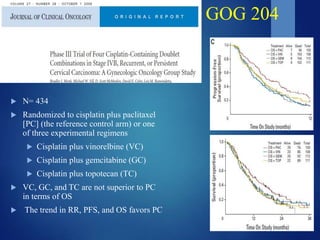  GOG 240 trial
 N= 450 , 2:2 factorial design
 Randomized to chemotherapy (paclitaxel with cisplatin vs
topotecan ) wit...
