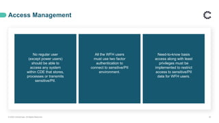 Access Management
© 2020 ControlCase. All Rights Reserved. 20
No regular user
(except power users)
should be able to
access any system
within CDE that stores,
processes or transmits
sensitive/PII.
All the WFH users
must use two factor
authentication to
connect to sensitive/PII
environment.
Need-to-know basis
access along with least
privileges must be
implemented to restrict
access to sensitive/PII
data for WFH users.
 