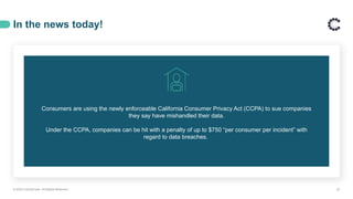 Consumers are using the newly enforceable California Consumer Privacy Act (CCPA) to sue companies
they say have mishandled their data.
Under the CCPA, companies can be hit with a penalty of up to $750 “per consumer per incident” with
regard to data breaches.
In the news today!
© 2020 ControlCase. All Rights Reserved. 22
 