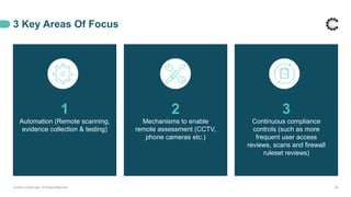 3 Key Areas Of Focus
© 2020 ControlCase. All Rights Reserved. 28
1
Automation (Remote scanning,
evidence collection & testing)
2
Mechanisms to enable
remote assessment (CCTV,
phone cameras etc.)
3
Continuous compliance
controls (such as more
frequent user access
reviews, scans and firewall
ruleset reviews)
 