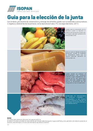 90
Locales para la conservación de los
alimentos cuando no requieren un
gradiente de temperatura pesada que
no requiera adecuada prestación de
estanqueidad al aire.
Zonas en que se trabajan productos
alimenticios. Cuando un gradiente
de temperatura fuerte que no
requiera adecuada prestación de
estanqueidad aire.
Locales donde se produce el
almacenamiento de productos
acabados cuyas temperaturas son
alrededor de los -8°C. Estas áreas
deben estar bien aisladas y debe
tratarse la hermeticidad del aire
consiguiendo un buen acoplamiento.
Instalaciones de almacenamiento
de productos congelados o
ultracongelados y que imponen
estrictos requisitos en términos de
minimización de puentes térmicos y
permeabilidad del aire.
NOTAS
Las indicaciones anteriores sólo quiere ser sugerencias de uso.
La elección ﬁnal de la junta debe ser seleccionarda por el responsable del proyecto, el grosor del Panel y otros parámetros de selección presentes en
la oferta comercial Isopan, en función del rendimiento requerida por la cámara.
Guia para la elección de la junta
Las cámaras y los locales de conservación y estocaje de alimentos pueden ser considerados como positivos
o negativos. Generalmente las primeras con temperaturas hasta -1°C, las segundas hasta -25° C.
 
