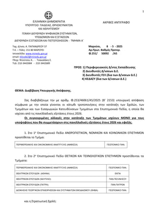 1
ΑΚΡΙΒΕΣ ΑΝΤΙΓΡΑΦΟ
ΘΕΜΑ: Διαβίβαση Υπουργικής Απόφασης.
Σας διαβιβάζουμε την με αριθμ. Φ.253/46061/Α5/2025 (Β’ 2153) υπου...