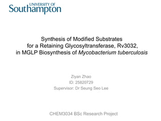 Synthesis of Modified Substrates
for a Retaining Glycosyltransferase, Rv3032,
in MGLP Biosynthesis of Mycobacterium tuberculosis
Ziyan Zhao
ID: 25820729
Supervisor: Dr Seung Seo Lee
CHEM3034 BSc Research Project
 