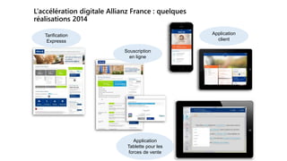 L’accélération digitale Allianz France : quelques
réalisations 2014
Application
client
Application
Tablette pour les
forces de vente
Tarification
Expresss
Souscription
en ligne
 