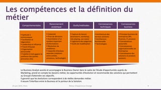 Les compétences et la définition du
métier
25 juin 2015, Paris Retour d’expérience Orange 9
Comportementales
Raisonnement
analytique
Outils/méthodes
Connaissances
techniques
Connaissances
business
 Créativité
 Prise de décisions
 Assimilation d’un
nombre important
d’informations
 Résolution de
problèmes
 Capacités d’analyse
avancées (relations
entre entités,
processus, technologie)
 Capture du besoin
(brainstorm, workshop,
role playing, use cases)
 Ingénierie des exigences
 Outils de modélisation
 Architecture des
services existants
 Architecture
fonctionnelle
 Technologies
 Principes business de
l’entreprise (RH,
finances, IT, process)
 Connaissances
sectorielle
 Connaissances
organisationnelles de
l’entreprise
 Connaissance des
solutions et produits
existants
 Aptitude à
communiquer
 Facilitation et
négociation
 Leadership et influence
 Travail d’équipe
 Organisation
personnelle
 Fiabilité (il doit gagner la
confiance des parties
prenantes clés)
Le Business Analyst assiste et accompagne le Business Owner dans le cadre de l’étude d’opportunités auprès du
Marketing, prend en compte les besoins métier, les opportunités d’évolution et recommande des solutions qui permettent
au Groupe d’atteindre ses objectifs.
Il garantit que les évolutions correspondent à de réelles demandes métier.
Il assure l’interface entre le Business et le porteur de la Solution.
 