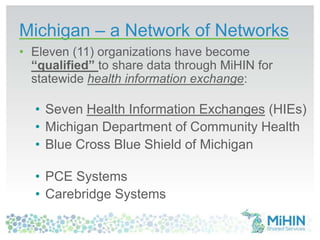 Michigan – a Network of Networks
• Eleven (11) organizations have become
“qualified” to share data through MiHIN for
statewide health information exchange:
• Seven Health Information Exchanges (HIEs)
• Michigan Department of Community Health
• Blue Cross Blue Shield of Michigan
• PCE Systems
• Carebridge Systems
 