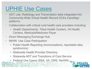 • ADT, Lab, Radiology and Transcription data integrated into
Community-Wide Virtual Health Record (ICA’s CareAlign
platform)
• Collaboration with critical rural health care providers including:
• Health Departments, Tribal Health Centers, VA Health
Centers, Medicaid/Medicare Payer
• Direct Messaging Exchange Hub
• MiHIN Use Case Participation
• Public Health Reporting (Immunizations, reportable labs,
syndromics)
• Statewide Health Provider Directory
• Statewide ADT and Transitions of Care Service
• Federal Use Cases (SSA, VA, CMS, NwHIN)
UPHIE Use Cases
 