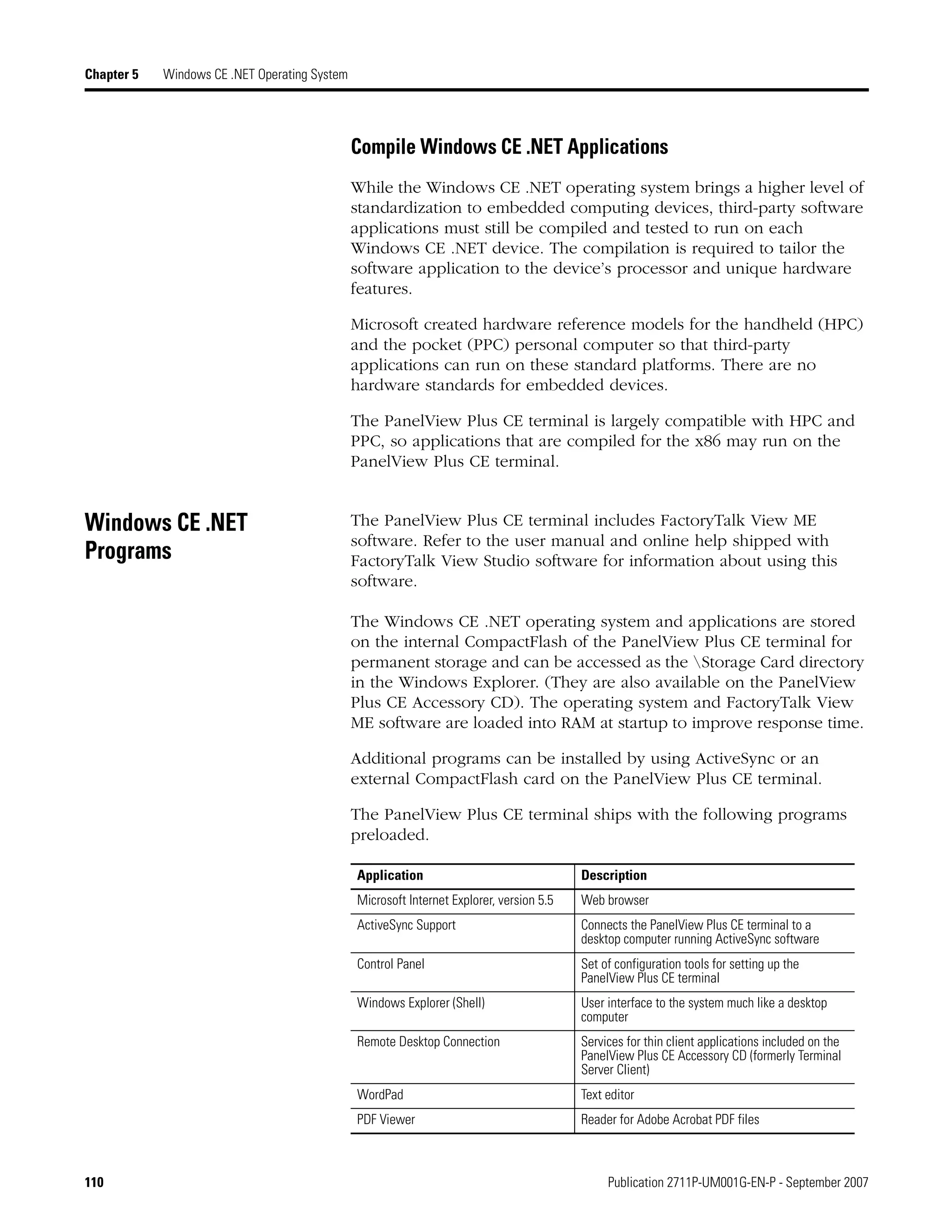 110 Publication 2711P-UM001G-EN-P - September 2007
Chapter 5 Windows CE .NET Operating System
Compile Windows CE .NET Applications
While the Windows CE .NET operating system brings a higher level of
standardization to embedded computing devices, third-party software
applications must still be compiled and tested to run on each
Windows CE .NET device. The compilation is required to tailor the
software application to the device’s processor and unique hardware
features.
Microsoft created hardware reference models for the handheld (HPC)
and the pocket (PPC) personal computer so that third-party
applications can run on these standard platforms. There are no
hardware standards for embedded devices.
The PanelView Plus CE terminal is largely compatible with HPC and
PPC, so applications that are compiled for the x86 may run on the
PanelView Plus CE terminal.
Windows CE .NET
Programs
The PanelView Plus CE terminal includes FactoryTalk View ME
software. Refer to the user manual and online help shipped with
FactoryTalk View Studio software for information about using this
software.
The Windows CE .NET operating system and applications are stored
on the internal CompactFlash of the PanelView Plus CE terminal for
permanent storage and can be accessed as the Storage Card directory
in the Windows Explorer. (They are also available on the PanelView
Plus CE Accessory CD). The operating system and FactoryTalk View
ME software are loaded into RAM at startup to improve response time.
Additional programs can be installed by using ActiveSync or an
external CompactFlash card on the PanelView Plus CE terminal.
The PanelView Plus CE terminal ships with the following programs
preloaded.
Application Description
Microsoft Internet Explorer, version 5.5 Web browser
ActiveSync Support Connects the PanelView Plus CE terminal to a
desktop computer running ActiveSync software
Control Panel Set of configuration tools for setting up the
PanelView Plus CE terminal
Windows Explorer (Shell) User interface to the system much like a desktop
computer
Remote Desktop Connection Services for thin client applications included on the
PanelView Plus CE Accessory CD (formerly Terminal
Server Client)
WordPad Text editor
PDF Viewer Reader for Adobe Acrobat PDF files
 