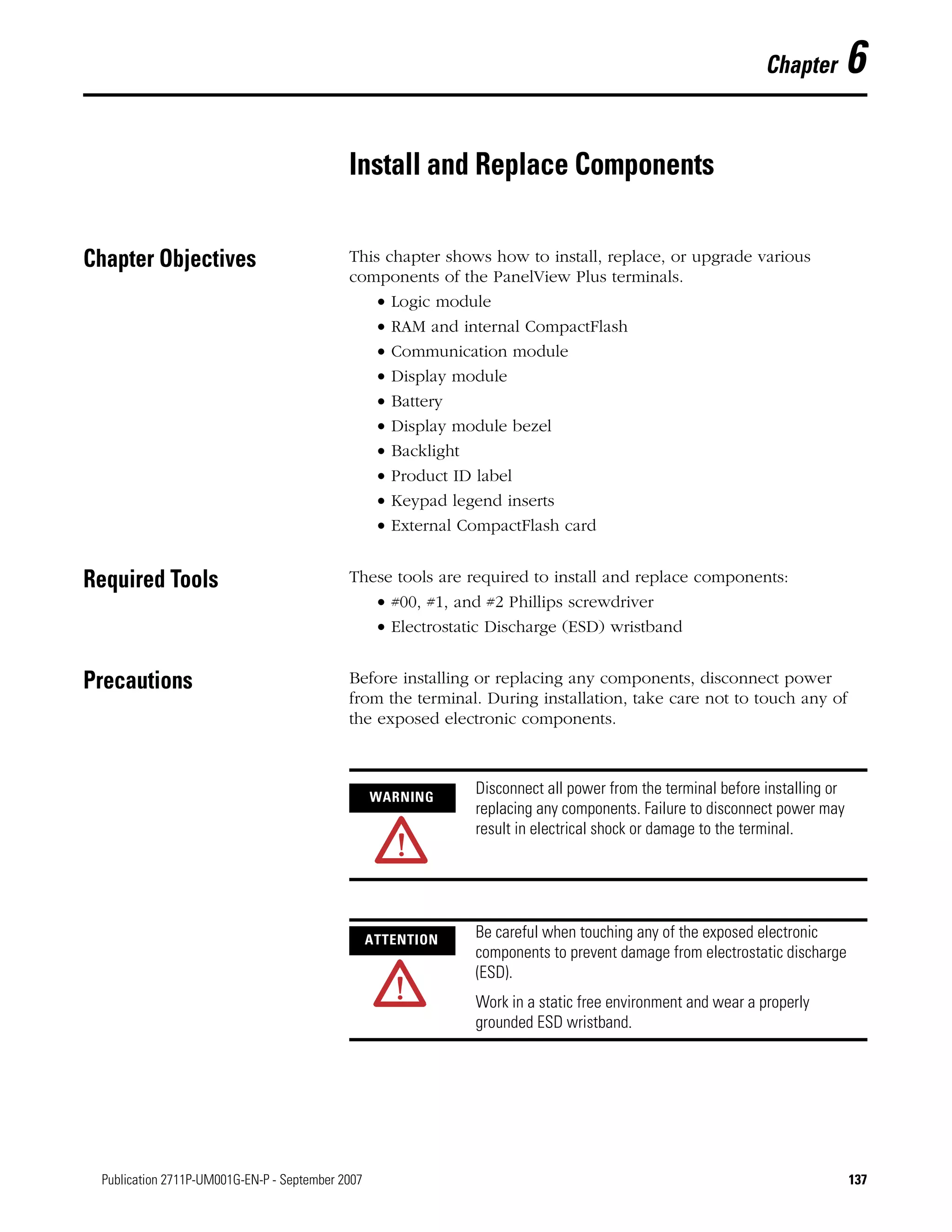 137Publication 2711P-UM001G-EN-P - September 2007 137
Chapter 6
Install and Replace Components
Chapter Objectives This chapter shows how to install, replace, or upgrade various
components of the PanelView Plus terminals.
• Logic module
• RAM and internal CompactFlash
• Communication module
• Display module
• Battery
• Display module bezel
• Backlight
• Product ID label
• Keypad legend inserts
• External CompactFlash card
Required Tools These tools are required to install and replace components:
• #00, #1, and #2 Phillips screwdriver
• Electrostatic Discharge (ESD) wristband
Precautions Before installing or replacing any components, disconnect power
from the terminal. During installation, take care not to touch any of
the exposed electronic components.
WARNING
Disconnect all power from the terminal before installing or
replacing any components. Failure to disconnect power may
result in electrical shock or damage to the terminal.
ATTENTION Be careful when touching any of the exposed electronic
components to prevent damage from electrostatic discharge
(ESD).
Work in a static free environment and wear a properly
grounded ESD wristband.
 