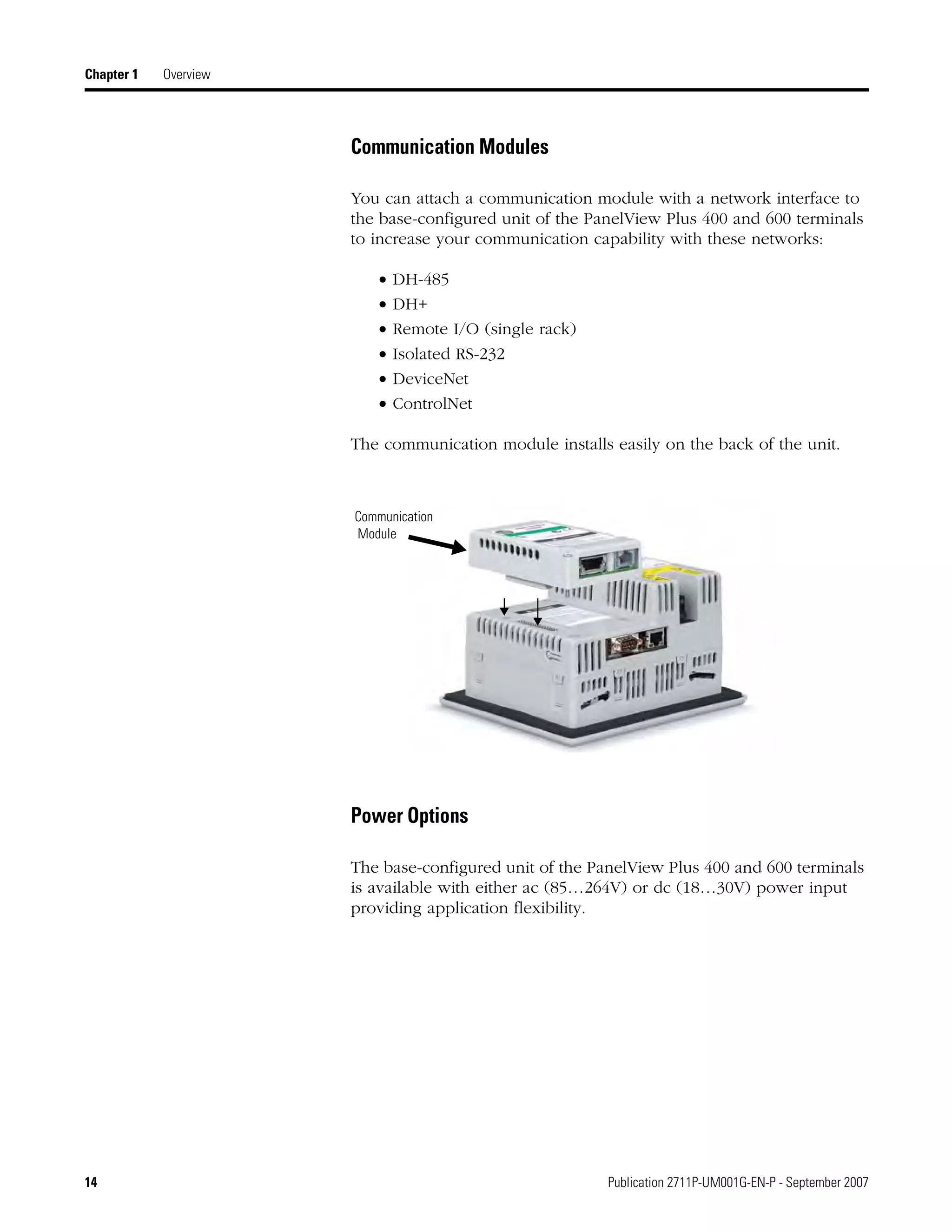 14 Publication 2711P-UM001G-EN-P - September 2007
Chapter 1 Overview
Communication Modules
You can attach a communication module with a network interface to
the base-configured unit of the PanelView Plus 400 and 600 terminals
to increase your communication capability with these networks:
• DH-485
• DH+
• Remote I/O (single rack)
• Isolated RS-232
• DeviceNet
• ControlNet
The communication module installs easily on the back of the unit.
Power Options
The base-configured unit of the PanelView Plus 400 and 600 terminals
is available with either ac (85…264V) or dc (18…30V) power input
providing application flexibility.
Communication
Module
 