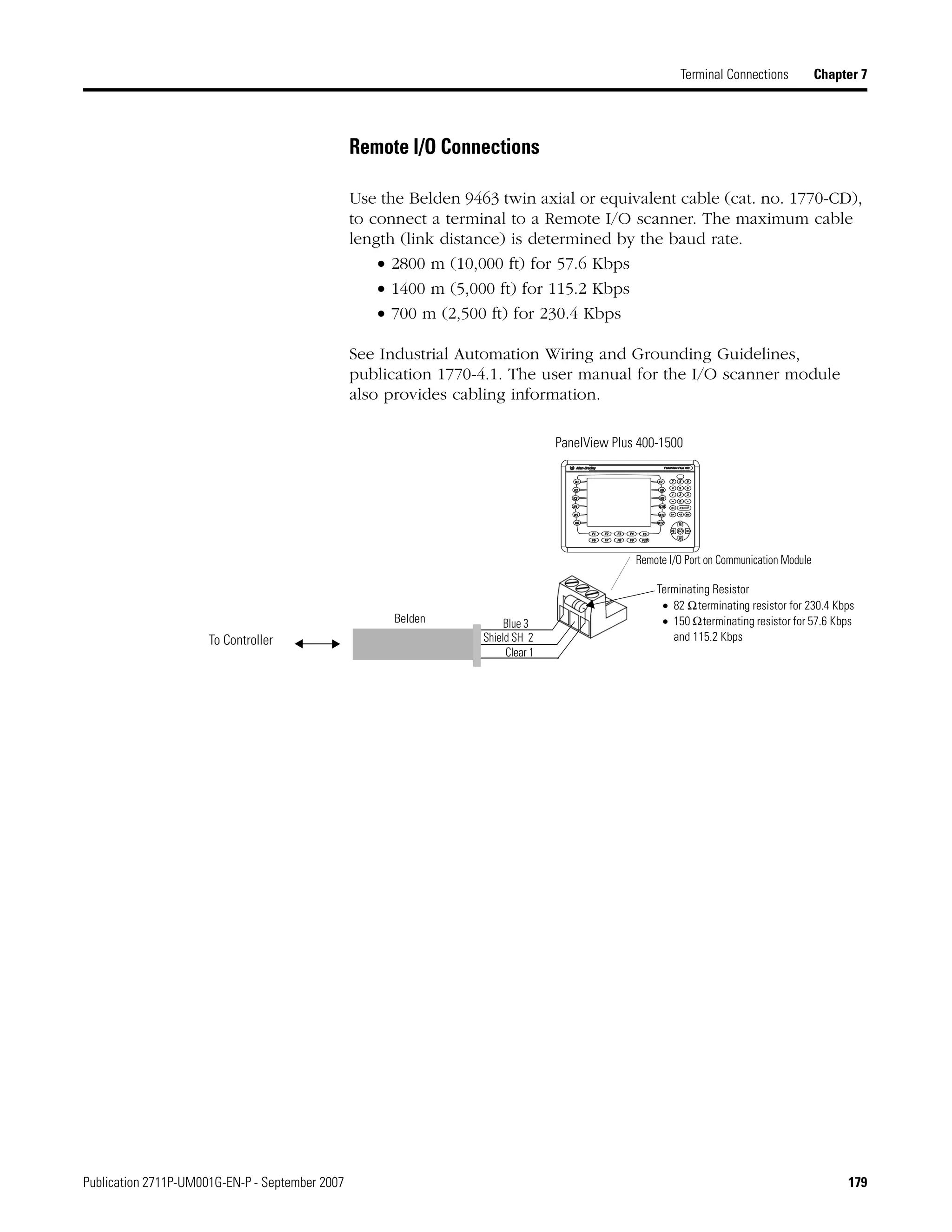 Publication 2711P-UM001G-EN-P - September 2007 179
Terminal Connections Chapter 7
Remote I/O Connections
Use the Belden 9463 twin axial or equivalent cable (cat. no. 1770-CD),
to connect a terminal to a Remote I/O scanner. The maximum cable
length (link distance) is determined by the baud rate.
• 2800 m (10,000 ft) for 57.6 Kbps
• 1400 m (5,000 ft) for 115.2 Kbps
• 700 m (2,500 ft) for 230.4 Kbps
See Industrial Automation Wiring and Grounding Guidelines,
publication 1770-4.1. The user manual for the I/O scanner module
also provides cabling information.
PanelView Plus 400-1500
Remote I/O Port on Communication Module
• 82 Ωterminating resistor for 230.4 Kbps
• 150 Ωterminating resistor for 57.6 Kbps
and 115.2 Kbps
Blue 3
Shield SH 2
Clear 1
Belden
To Controller
Terminating Resistor
 