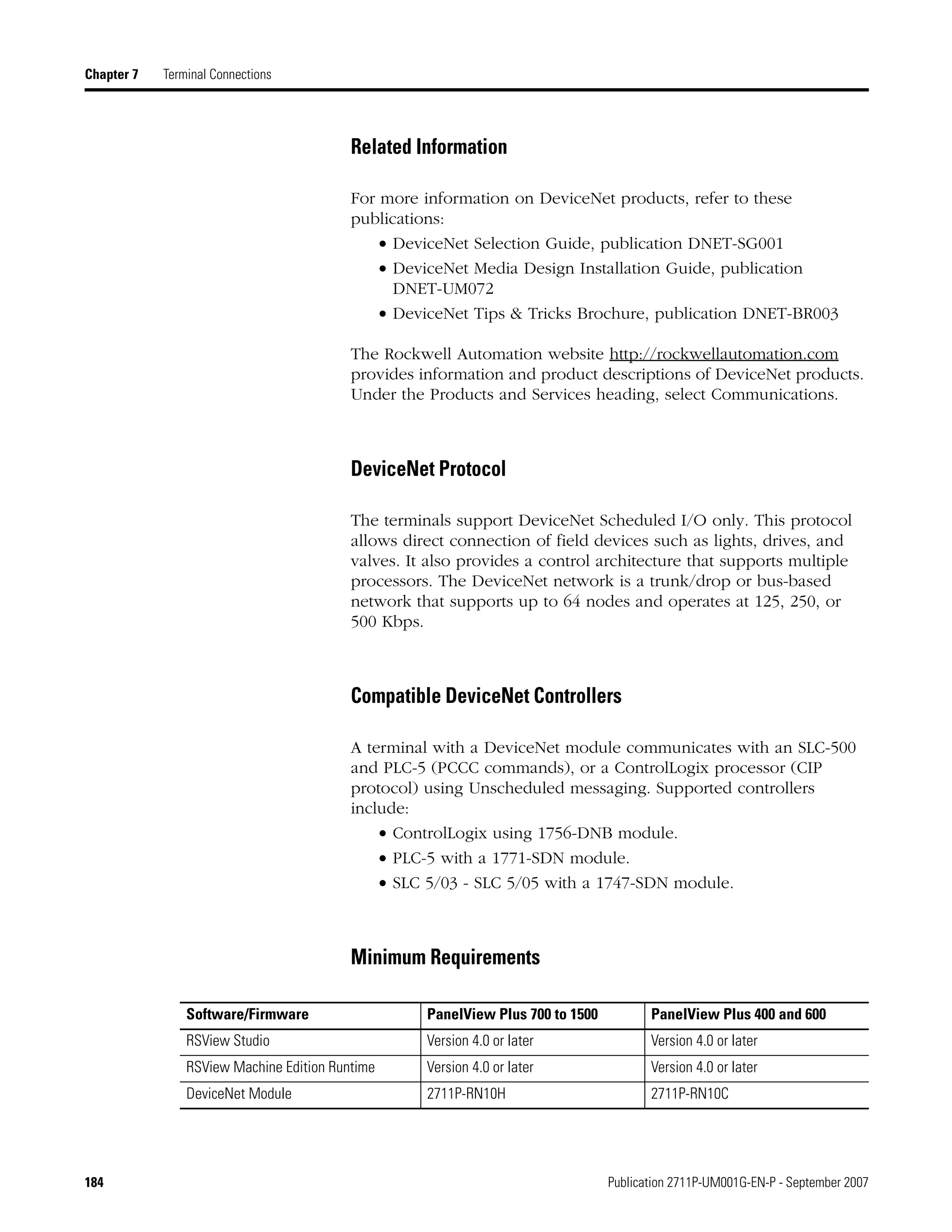 184 Publication 2711P-UM001G-EN-P - September 2007
Chapter 7 Terminal Connections
Related Information
For more information on DeviceNet products, refer to these
publications:
• DeviceNet Selection Guide, publication DNET-SG001
• DeviceNet Media Design Installation Guide, publication
DNET-UM072
• DeviceNet Tips & Tricks Brochure, publication DNET-BR003
The Rockwell Automation website http://rockwellautomation.com
provides information and product descriptions of DeviceNet products.
Under the Products and Services heading, select Communications.
DeviceNet Protocol
The terminals support DeviceNet Scheduled I/O only. This protocol
allows direct connection of field devices such as lights, drives, and
valves. It also provides a control architecture that supports multiple
processors. The DeviceNet network is a trunk/drop or bus-based
network that supports up to 64 nodes and operates at 125, 250, or
500 Kbps.
Compatible DeviceNet Controllers
A terminal with a DeviceNet module communicates with an SLC-500
and PLC-5 (PCCC commands), or a ControlLogix processor (CIP
protocol) using Unscheduled messaging. Supported controllers
include:
• ControlLogix using 1756-DNB module.
• PLC-5 with a 1771-SDN module.
• SLC 5/03 - SLC 5/05 with a 1747-SDN module.
Minimum Requirements
Software/Firmware PanelView Plus 700 to 1500 PanelView Plus 400 and 600
RSView Studio Version 4.0 or later Version 4.0 or later
RSView Machine Edition Runtime Version 4.0 or later Version 4.0 or later
DeviceNet Module 2711P-RN10H 2711P-RN10C
 