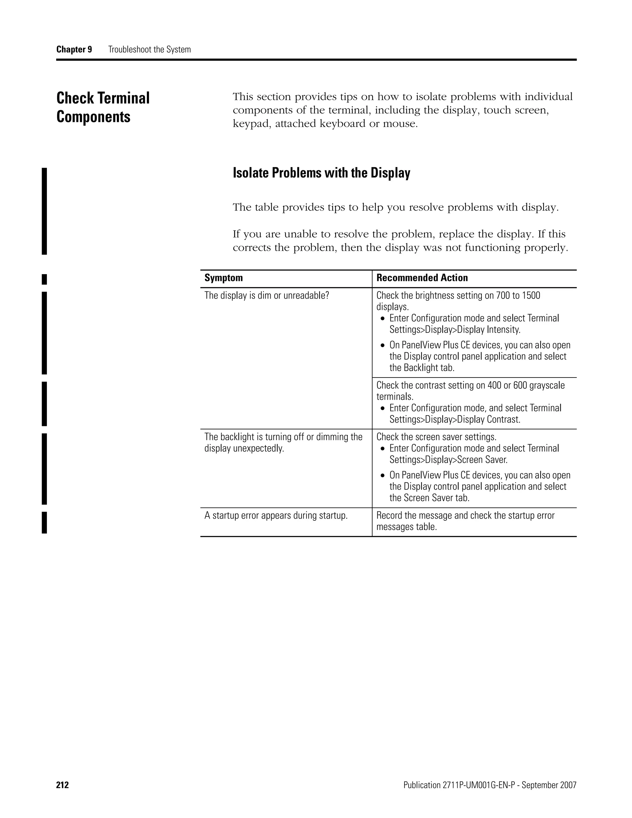 212 Publication 2711P-UM001G-EN-P - September 2007
Chapter 9 Troubleshoot the System
Check Terminal
Components
This section provides tips on how to isolate problems with individual
components of the terminal, including the display, touch screen,
keypad, attached keyboard or mouse.
Isolate Problems with the Display
The table provides tips to help you resolve problems with display.
If you are unable to resolve the problem, replace the display. If this
corrects the problem, then the display was not functioning properly.
Symptom Recommended Action
The display is dim or unreadable? Check the brightness setting on 700 to 1500
displays.
• Enter Configuration mode and select Terminal
Settings>Display>Display Intensity.
• On PanelView Plus CE devices, you can also open
the Display control panel application and select
the Backlight tab.
Check the contrast setting on 400 or 600 grayscale
terminals.
• Enter Configuration mode, and select Terminal
Settings>Display>Display Contrast.
The backlight is turning off or dimming the
display unexpectedly.
Check the screen saver settings.
• Enter Configuration mode and select Terminal
Settings>Display>Screen Saver.
• On PanelView Plus CE devices, you can also open
the Display control panel application and select
the Screen Saver tab.
A startup error appears during startup. Record the message and check the startup error
messages table.
 