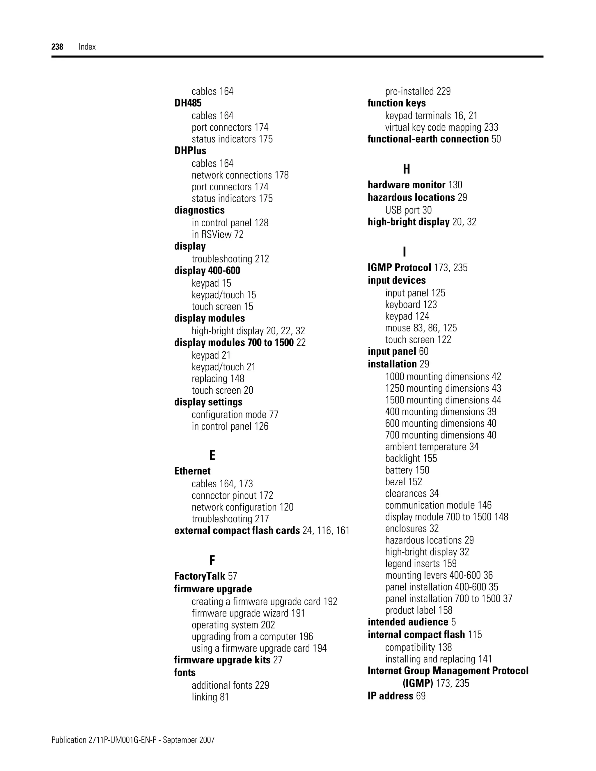 Publication 2711P-UM001G-EN-P - September 2007
238 Index
cables 164
DH485
cables 164
port connectors 174
status indicators 175
DHPlus
cables 164
network connections 178
port connectors 174
status indicators 175
diagnostics
in control panel 128
in RSView 72
display
troubleshooting 212
display 400-600
keypad 15
keypad/touch 15
touch screen 15
display modules
high-bright display 20, 22, 32
display modules 700 to 1500 22
keypad 21
keypad/touch 21
replacing 148
touch screen 20
display settings
configuration mode 77
in control panel 126
E
Ethernet
cables 164, 173
connector pinout 172
network configuration 120
troubleshooting 217
external compact flash cards 24, 116, 161
F
FactoryTalk 57
firmware upgrade
creating a firmware upgrade card 192
firmware upgrade wizard 191
operating system 202
upgrading from a computer 196
using a firmware upgrade card 194
firmware upgrade kits 27
fonts
additional fonts 229
linking 81
pre-installed 229
function keys
keypad terminals 16, 21
virtual key code mapping 233
functional-earth connection 50
H
hardware monitor 130
hazardous locations 29
USB port 30
high-bright display 20, 32
I
IGMP Protocol 173, 235
input devices
input panel 125
keyboard 123
keypad 124
mouse 83, 86, 125
touch screen 122
input panel 60
installation 29
1000 mounting dimensions 42
1250 mounting dimensions 43
1500 mounting dimensions 44
400 mounting dimensions 39
600 mounting dimensions 40
700 mounting dimensions 40
ambient temperature 34
backlight 155
battery 150
bezel 152
clearances 34
communication module 146
display module 700 to 1500 148
enclosures 32
hazardous locations 29
high-bright display 32
legend inserts 159
mounting levers 400-600 36
panel installation 400-600 35
panel installation 700 to 1500 37
product label 158
intended audience 5
internal compact flash 115
compatibility 138
installing and replacing 141
Internet Group Management Protocol
(IGMP) 173, 235
IP address 69
 