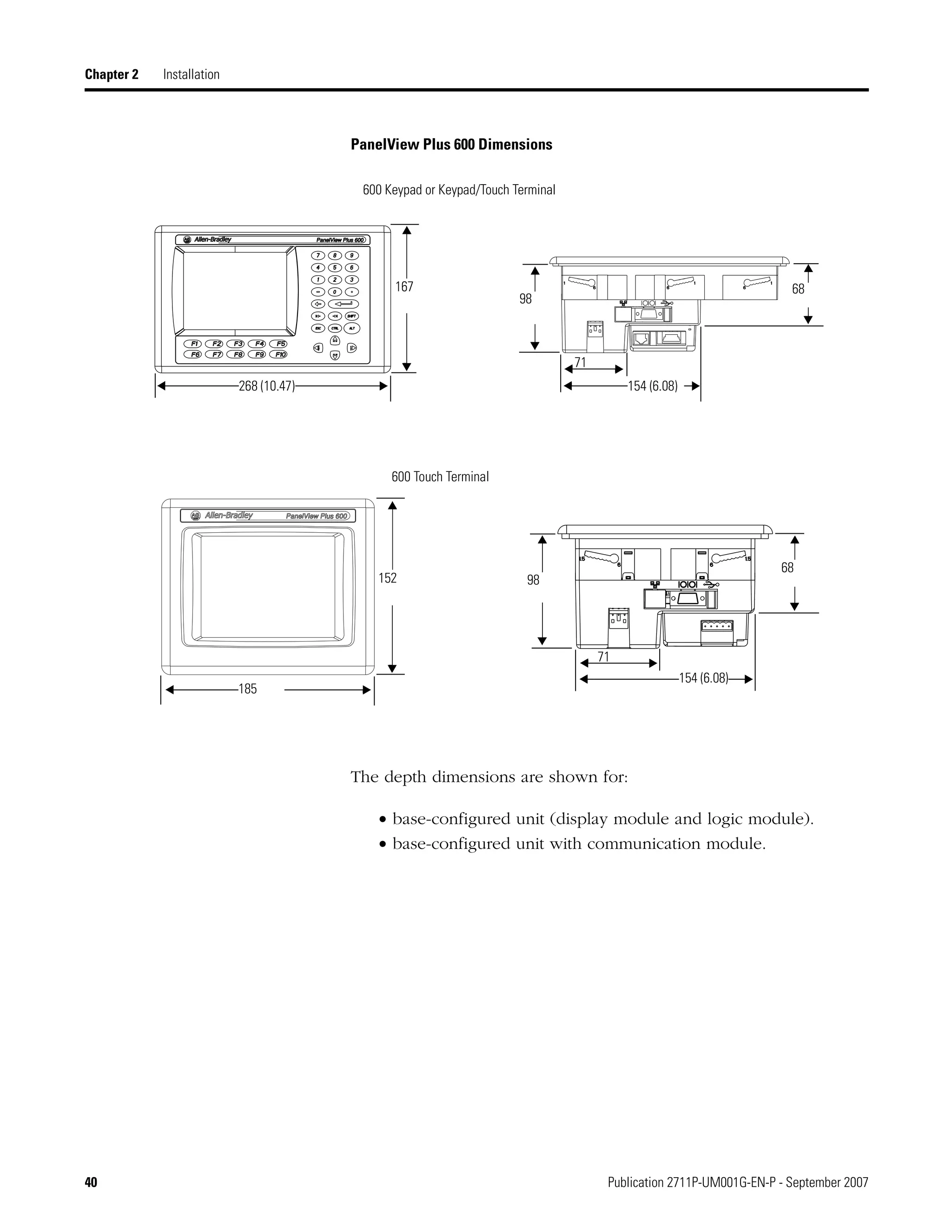 40 Publication 2711P-UM001G-EN-P - September 2007
Chapter 2 Installation
PanelView Plus 600 Dimensions
The depth dimensions are shown for:
• base-configured unit (display module and logic module).
• base-configured unit with communication module.
268 (10.47)
167
98
68
71
154 (6.08)
185
152 98
71
154 (6.08)
600 Keypad or Keypad/Touch Terminal
600 Touch Terminal
68
 