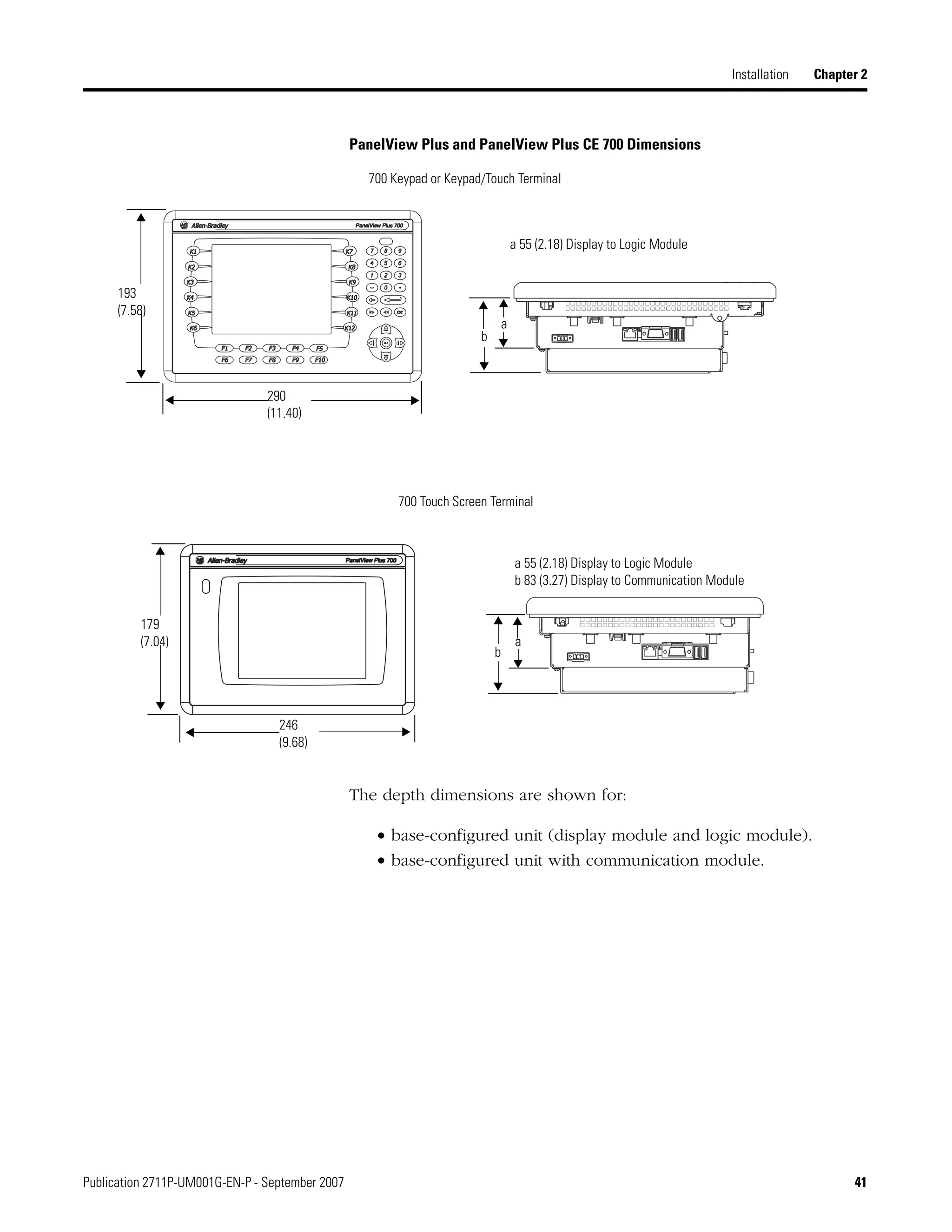 Publication 2711P-UM001G-EN-P - September 2007 41
Installation Chapter 2
PanelView Plus and PanelView Plus CE 700 Dimensions
The depth dimensions are shown for:
• base-configured unit (display module and logic module).
• base-configured unit with communication module.
700 Touch Screen Terminal
179
(7.04)
246
(9.68)
290
(11.40)
193
(7.58)
a 55 (2.18) Display to Logic Module
a 55 (2.18) Display to Logic Module
b 83 (3.27) Display to Communication Module
b
a
a
b
700 Keypad or Keypad/Touch Terminal
 