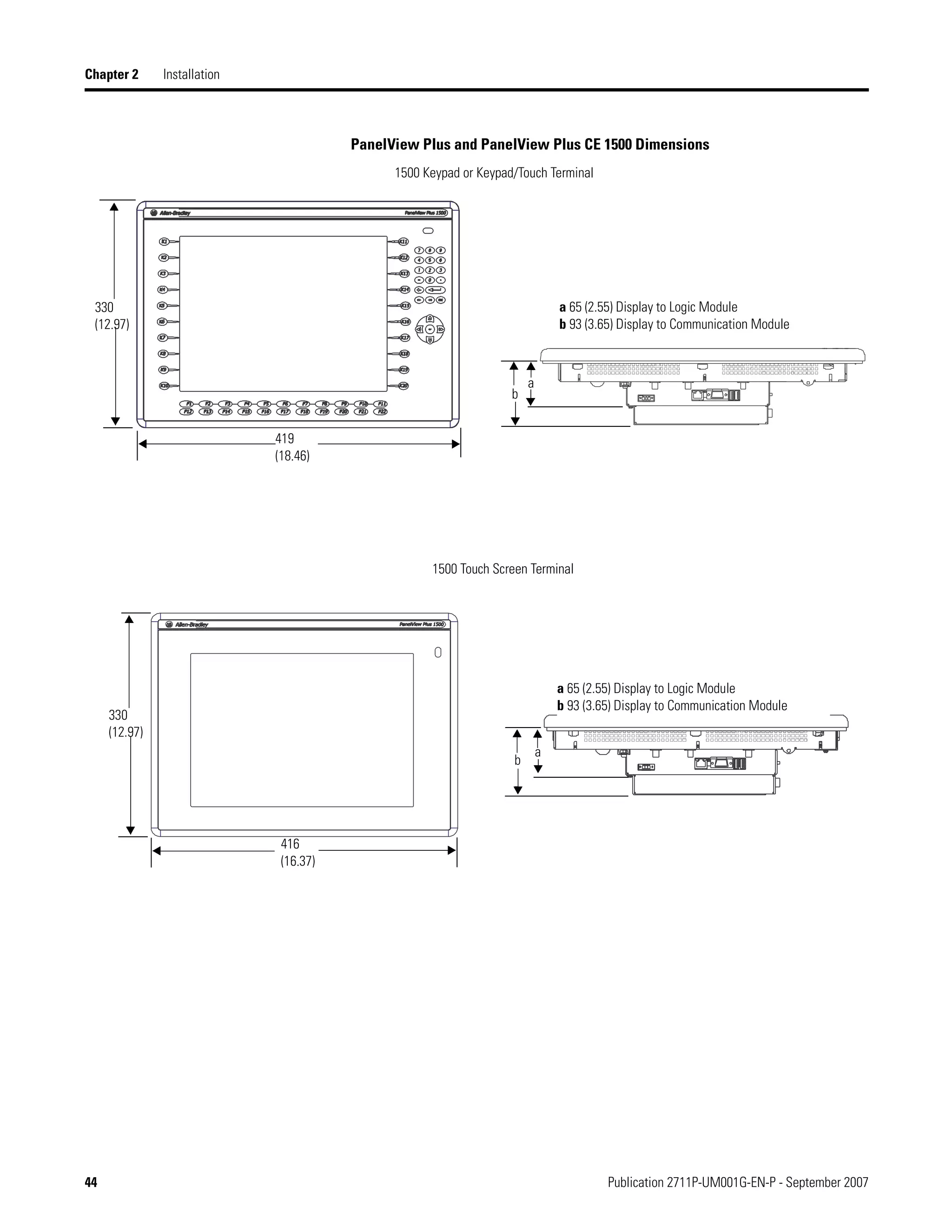 44 Publication 2711P-UM001G-EN-P - September 2007
Chapter 2 Installation
PanelView Plus and PanelView Plus CE 1500 Dimensions
1500 Touch Screen Terminal
330
(12.97)
419
(18.46)
416
(16.37)
330
(12.97)
a 65 (2.55) Display to Logic Module
b 93 (3.65) Display to Communication Module
a 65 (2.55) Display to Logic Module
b 93 (3.65) Display to Communication Module
a
b
a
b
1500 Keypad or Keypad/Touch Terminal
 