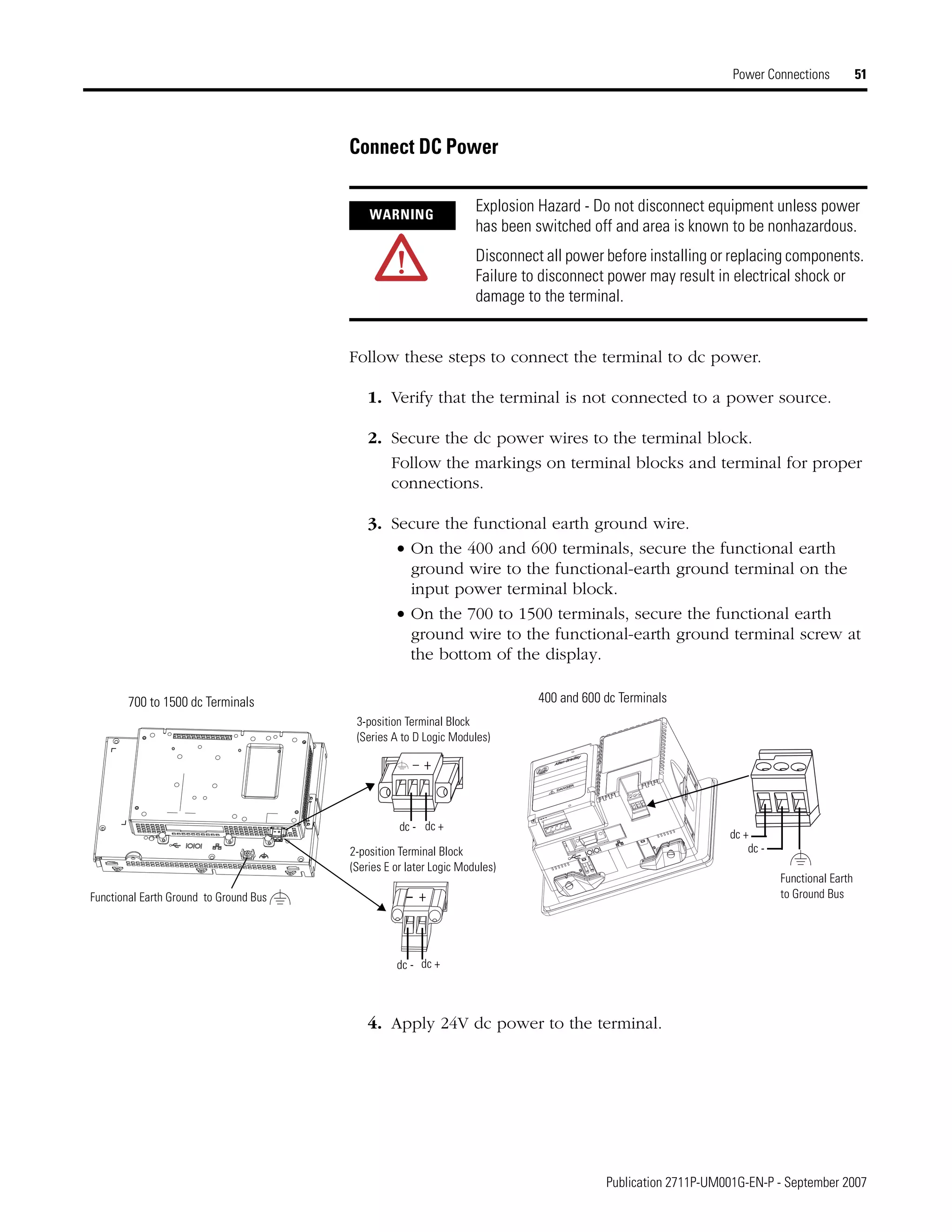 Publication 2711P-UM001G-EN-P - September 2007
Power Connections 51
Connect DC Power
Follow these steps to connect the terminal to dc power.
1. Verify that the terminal is not connected to a power source.
2. Secure the dc power wires to the terminal block.
Follow the markings on terminal blocks and terminal for proper
connections.
3. Secure the functional earth ground wire.
• On the 400 and 600 terminals, secure the functional earth
ground wire to the functional-earth ground terminal on the
input power terminal block.
• On the 700 to 1500 terminals, secure the functional earth
ground wire to the functional-earth ground terminal screw at
the bottom of the display.
4. Apply 24V dc power to the terminal.
WARNING
Explosion Hazard - Do not disconnect equipment unless power
has been switched off and area is known to be nonhazardous.
Disconnect all power before installing or replacing components.
Failure to disconnect power may result in electrical shock or
damage to the terminal.
2-position Terminal Block
(Series E or later Logic Modules)
3-position Terminal Block
(Series A to D Logic Modules)
+–
– +
Functional Earth Ground to Ground Bus
dc - dc +
dc - dc +
dc +
dc -
Functional Earth
to Ground Bus
700 to 1500 dc Terminals 400 and 600 dc Terminals
 