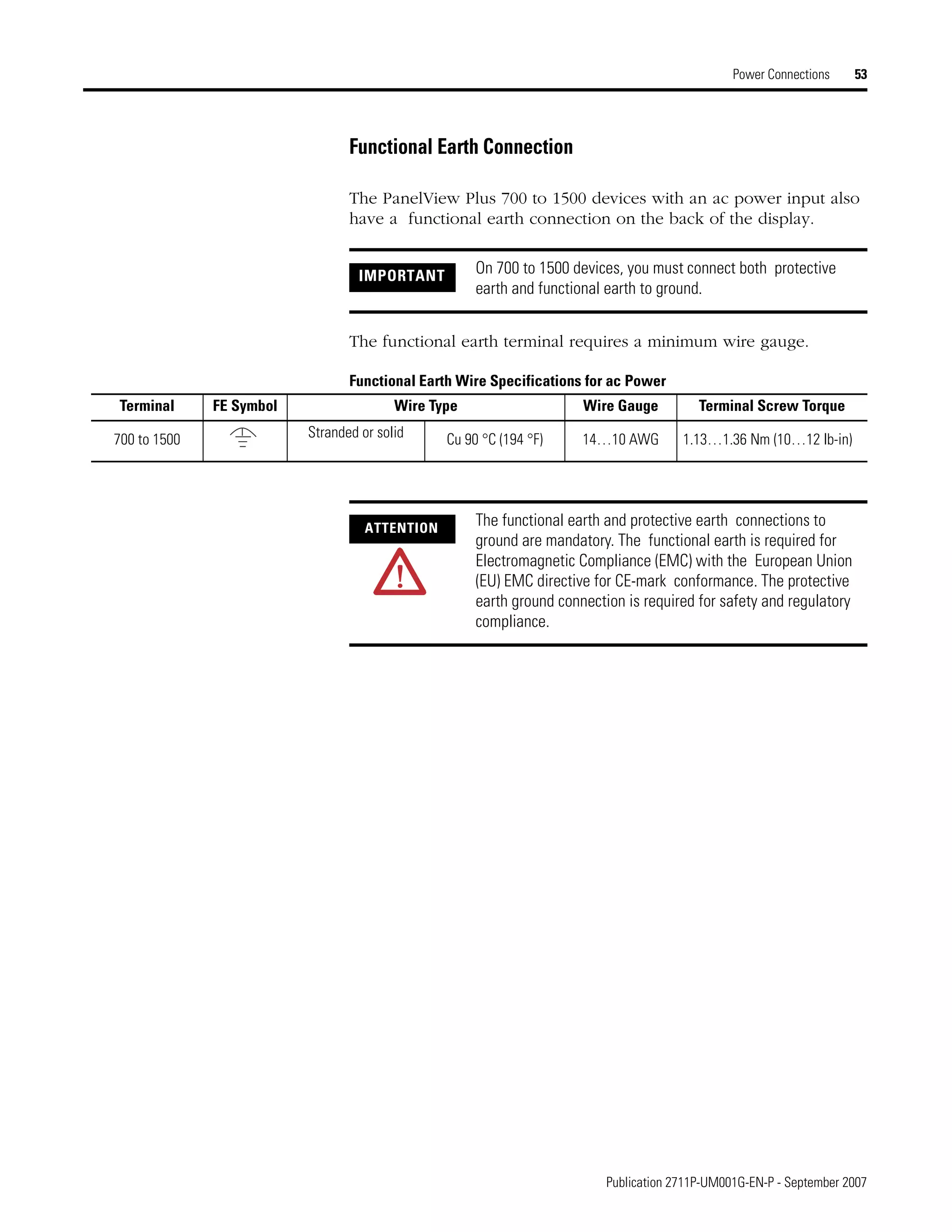 Publication 2711P-UM001G-EN-P - September 2007
Power Connections 53
Functional Earth Connection
The PanelView Plus 700 to 1500 devices with an ac power input also
have a functional earth connection on the back of the display.
The functional earth terminal requires a minimum wire gauge.
Functional Earth Wire Specifications for ac Power
IMPORTANT On 700 to 1500 devices, you must connect both protective
earth and functional earth to ground.
Terminal FE Symbol Wire Type Wire Gauge Terminal Screw Torque
700 to 1500 Stranded or solid Cu 90 °C (194 °F) 14…10 AWG 1.13…1.36 Nm (10…12 lb-in)
ATTENTION
The functional earth and protective earth connections to
ground are mandatory. The functional earth is required for
Electromagnetic Compliance (EMC) with the European Union
(EU) EMC directive for CE-mark conformance. The protective
earth ground connection is required for safety and regulatory
compliance.
 