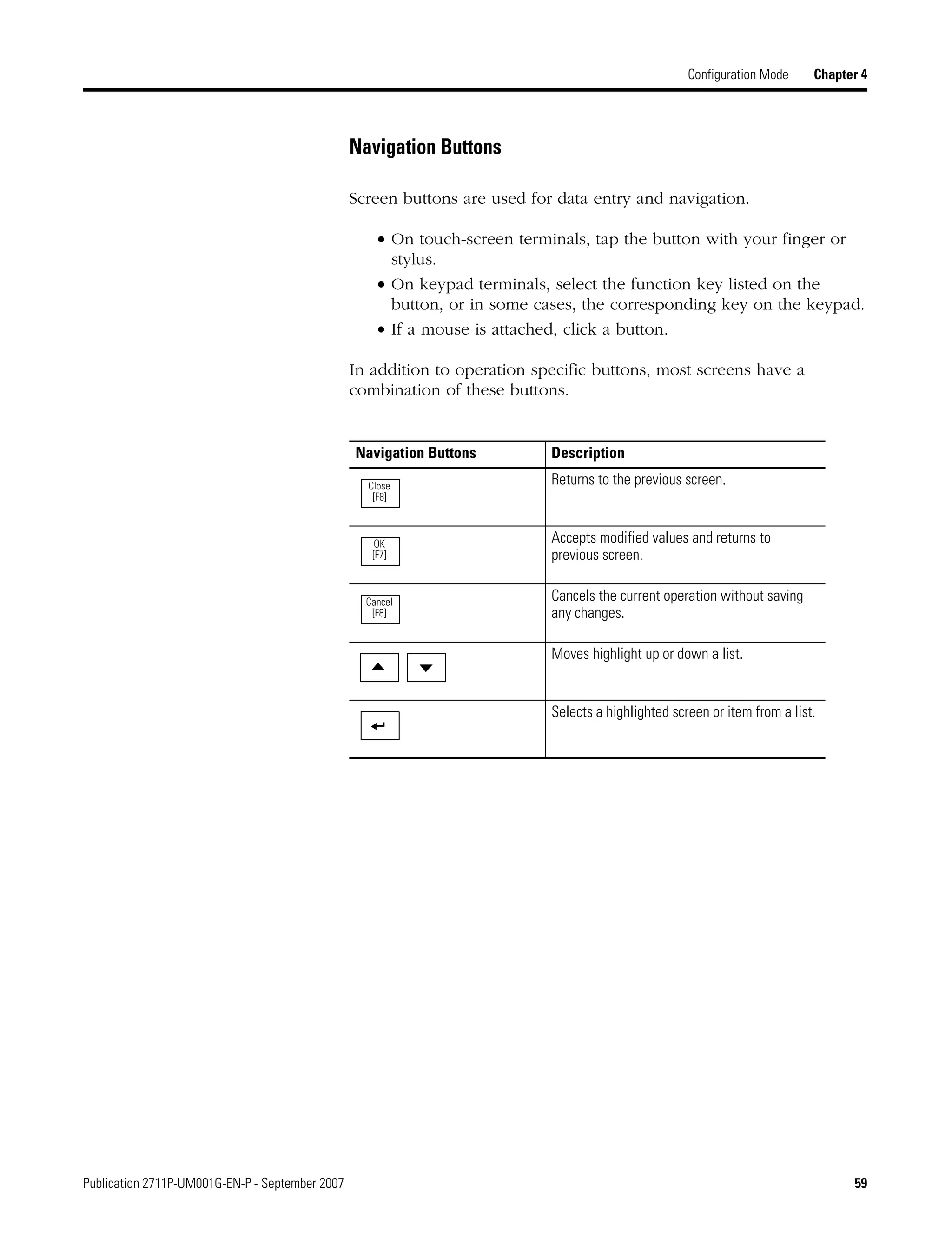Publication 2711P-UM001G-EN-P - September 2007 59
Configuration Mode Chapter 4
Navigation Buttons
Screen buttons are used for data entry and navigation.
• On touch-screen terminals, tap the button with your finger or
stylus.
• On keypad terminals, select the function key listed on the
button, or in some cases, the corresponding key on the keypad.
• If a mouse is attached, click a button.
In addition to operation specific buttons, most screens have a
combination of these buttons.
Navigation Buttons Description
Returns to the previous screen.
Accepts modified values and returns to
previous screen.
Cancels the current operation without saving
any changes.
Moves highlight up or down a list.
Selects a highlighted screen or item from a list.
Close
[F8]
OK
[F7]
Cancel
[F8]
 
