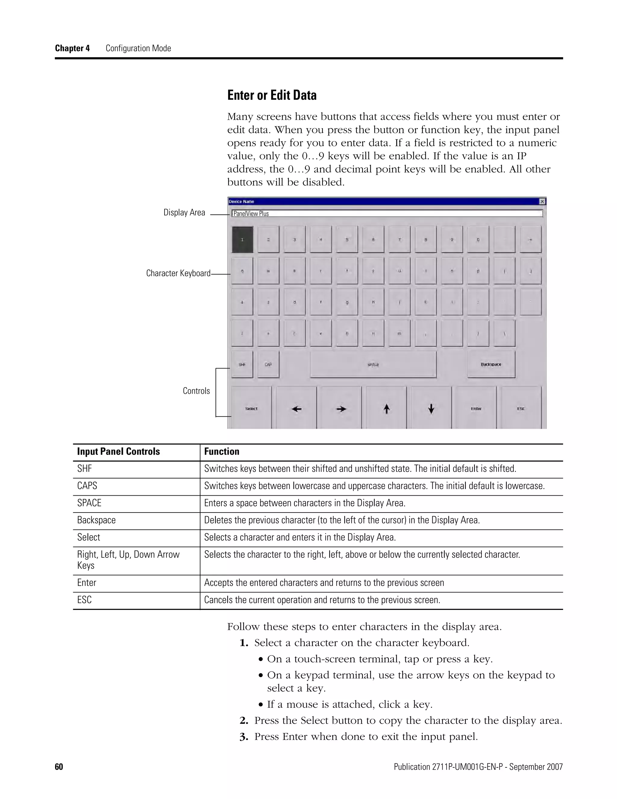 60 Publication 2711P-UM001G-EN-P - September 2007
Chapter 4 Configuration Mode
Enter or Edit Data
Many screens have buttons that access fields where you must enter or
edit data. When you press the button or function key, the input panel
opens ready for you to enter data. If a field is restricted to a numeric
value, only the 0…9 keys will be enabled. If the value is an IP
address, the 0…9 and decimal point keys will be enabled. All other
buttons will be disabled.
Follow these steps to enter characters in the display area.
1. Select a character on the character keyboard.
• On a touch-screen terminal, tap or press a key.
• On a keypad terminal, use the arrow keys on the keypad to
select a key.
• If a mouse is attached, click a key.
2. Press the Select button to copy the character to the display area.
3. Press Enter when done to exit the input panel.
Display Area
Character Keyboard
Controls
PanelView Plus
Input Panel Controls Function
SHF Switches keys between their shifted and unshifted state. The initial default is shifted.
CAPS Switches keys between lowercase and uppercase characters. The initial default is lowercase.
SPACE Enters a space between characters in the Display Area.
Backspace Deletes the previous character (to the left of the cursor) in the Display Area.
Select Selects a character and enters it in the Display Area.
Right, Left, Up, Down Arrow
Keys
Selects the character to the right, left, above or below the currently selected character.
Enter Accepts the entered characters and returns to the previous screen
ESC Cancels the current operation and returns to the previous screen.
 