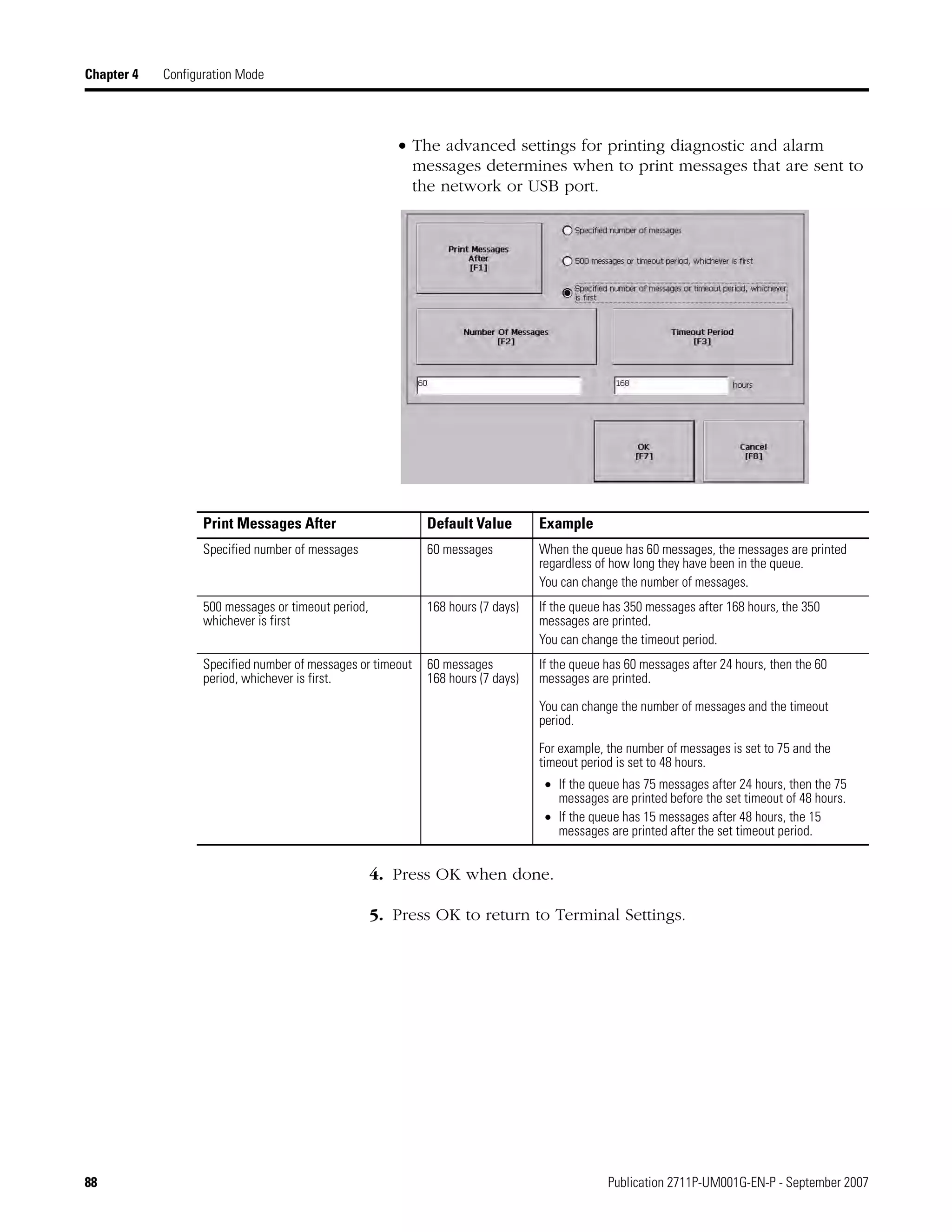 88 Publication 2711P-UM001G-EN-P - September 2007
Chapter 4 Configuration Mode
• The advanced settings for printing diagnostic and alarm
messages determines when to print messages that are sent to
the network or USB port.
4. Press OK when done.
5. Press OK to return to Terminal Settings.
Print Messages After Default Value Example
Specified number of messages 60 messages When the queue has 60 messages, the messages are printed
regardless of how long they have been in the queue.
You can change the number of messages.
500 messages or timeout period,
whichever is first
168 hours (7 days) If the queue has 350 messages after 168 hours, the 350
messages are printed.
You can change the timeout period.
Specified number of messages or timeout
period, whichever is first.
60 messages
168 hours (7 days)
If the queue has 60 messages after 24 hours, then the 60
messages are printed.
You can change the number of messages and the timeout
period.
For example, the number of messages is set to 75 and the
timeout period is set to 48 hours.
• If the queue has 75 messages after 24 hours, then the 75
messages are printed before the set timeout of 48 hours.
• If the queue has 15 messages after 48 hours, the 15
messages are printed after the set timeout period.
 