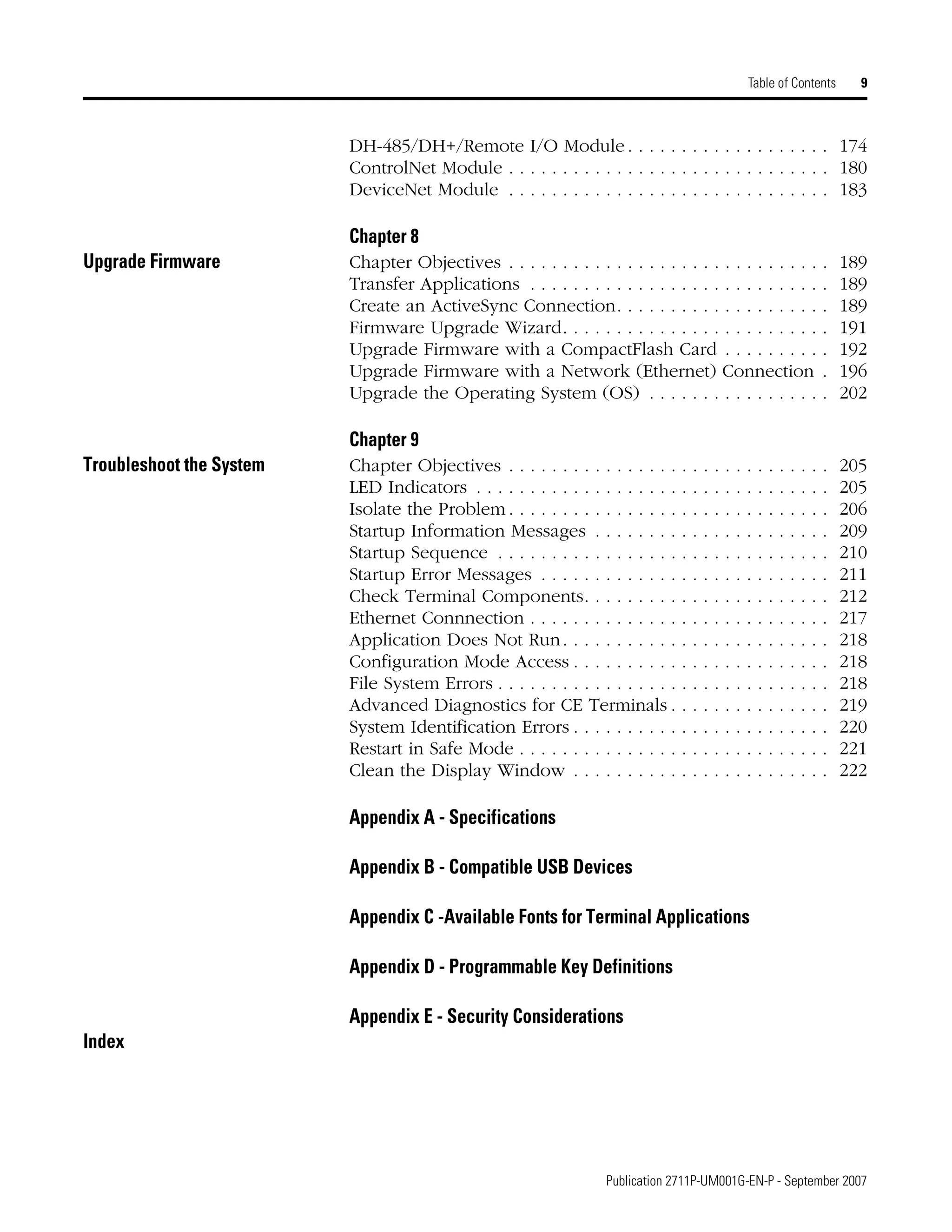 Publication 2711P-UM001G-EN-P - September 2007
Table of Contents 9
DH-485/DH+/Remote I/O Module . . . . . . . . . . . . . . . . . . . 174
ControlNet Module . . . . . . . . . . . . . . . . . . . . . . . . . . . . . . 180
DeviceNet Module . . . . . . . . . . . . . . . . . . . . . . . . . . . . . . 183
Chapter 8
Upgrade Firmware Chapter Objectives . . . . . . . . . . . . . . . . . . . . . . . . . . . . . . 189
Transfer Applications . . . . . . . . . . . . . . . . . . . . . . . . . . . . 189
Create an ActiveSync Connection. . . . . . . . . . . . . . . . . . . . 189
Firmware Upgrade Wizard. . . . . . . . . . . . . . . . . . . . . . . . . 191
Upgrade Firmware with a CompactFlash Card . . . . . . . . . . 192
Upgrade Firmware with a Network (Ethernet) Connection . 196
Upgrade the Operating System (OS) . . . . . . . . . . . . . . . . . 202
Chapter 9
Troubleshoot the System Chapter Objectives . . . . . . . . . . . . . . . . . . . . . . . . . . . . . . 205
LED Indicators . . . . . . . . . . . . . . . . . . . . . . . . . . . . . . . . . 205
Isolate the Problem . . . . . . . . . . . . . . . . . . . . . . . . . . . . . . 206
Startup Information Messages . . . . . . . . . . . . . . . . . . . . . . 209
Startup Sequence . . . . . . . . . . . . . . . . . . . . . . . . . . . . . . . 210
Startup Error Messages . . . . . . . . . . . . . . . . . . . . . . . . . . . 211
Check Terminal Components. . . . . . . . . . . . . . . . . . . . . . . 212
Ethernet Connnection . . . . . . . . . . . . . . . . . . . . . . . . . . . . 217
Application Does Not Run. . . . . . . . . . . . . . . . . . . . . . . . . 218
Configuration Mode Access . . . . . . . . . . . . . . . . . . . . . . . . 218
File System Errors . . . . . . . . . . . . . . . . . . . . . . . . . . . . . . . 218
Advanced Diagnostics for CE Terminals . . . . . . . . . . . . . . . 219
System Identification Errors . . . . . . . . . . . . . . . . . . . . . . . . 220
Restart in Safe Mode . . . . . . . . . . . . . . . . . . . . . . . . . . . . . 221
Clean the Display Window . . . . . . . . . . . . . . . . . . . . . . . . 222
Appendix A - Specifications
Appendix B - Compatible USB Devices
Appendix C -Available Fonts for Terminal Applications
Appendix D - Programmable Key Definitions
Appendix E - Security Considerations
Index
 