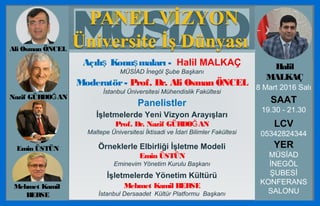 TARİH
8 Mart 2016 Salı
SAAT
19.30 - 21.30
LCV
05342824344
YER
MÜSİAD
İNEGÖL
ŞUBESİ
KONFERANS
SALONU
Açılı Konu maları -ş ş Halil MALKAÇ
MÜSİAD İnegöl Şube Başkanı
Moderatör- Prof. Dr. Ali Osman ÖNCEL
İstanbul Üniversitesi Mühendislik Fakültesi
Panelistler
İşletmelerde Yeni Vizyon Arayışları
Prof. Dr. Nazif GÜRDO ANĞ
Maltepe Üniversitesi İktisadi ve İdari Bilimler Fakültesi
Örneklerle Elbirliği İşletme Modeli
Emin ÜSTÜN
Eminevim Yönetim Kurulu Başkanı
İşletmelerde Yönetim Kültürü
Mehmet Kamil BERSE
İstanbul Dersaadet Kültür Platformu Başkanı
Ali Osman ÖNCEL
Nazif GÜRDO ANĞ
Emin ÜSTÜN
Halil
MALKAÇ
Mehmet Kamil
BERSE
 