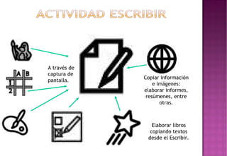 A través de
captura de
Copiar información
pantalla.
e imágenes:
elaborar informes,
resúmenes, entre
otras.
Elaborar libros
copiando textos
desde el Escribir.