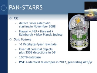 PAN-STARRS
 PS1
 –  detect ‘killer asteroids’,
    starting in November 2008
  – Hawaii + JHU + Harvard +
    Edinburgh + Max Planck Society
 Data Volume
  – >1 Petabytes/year raw data
  – Over 5B celestial objects
    plus 250B detections in DB
  – 100TB database
  – PS4: 4 identical telescopes in 2012, generating 4PB/yr
 