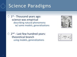 Science Paradigms

    1st - Thousand years ago:
     science was empirical
      describing natural phenomena
       w/ some models, generalizations


    2nd - Last few hundred years:          2
                                         .
                                         a    4G c2
     theoretical branch                   a   3  2
                                                   a
      using models, generalizations       




4
 