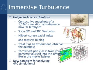 Immersive Turbulence
 Unique turbulence database
  – Consecutive snapshots of a
    1,0243 simulation of turbulence:
    now 30 Terabytes
  – Soon 6K3 and 300 Terabytes
  – Hilbert-curve spatial index
    and massive mining
  – Treat it as an experiment, observe
    the database!
  – Throw test particles in from your laptop,
    immerse yourself into the simulation,
    like in the movie Twister
 New paradigm for analyzing
 HPC simulations!
 