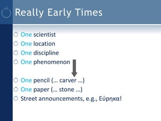 Really Early Times

 One scientist
 One location
 One discipline
 One phenomenon

 One pencil (… carver …)
 One paper (… stone …)
 Street announcements, e.g., Εύρηκα!
 