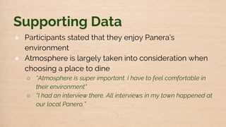Supporting Data
● Participants stated that they enjoy Panera’s
environment
● Atmosphere is largely taken into consideration when
choosing a place to dine
○ “Atmosphere is super important. I have to feel comfortable in
their environment”
○ “I had an interview there. All interviews in my town happened at
our local Panera.”
 
