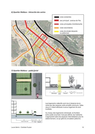voies existantes
axe principal : avenue de Fès
voies principales d’entrée/sortie
voies secondaires
voies de simple desserte
ou piétonnes
statut ?
16Laurie Berho - Clothilde Poulain
voirie par des espaces verts privatifs communs, hélas
inutilisés.
Au niveau des logements individuels, la frontière
s’approprient alors les espaces intermédiaires pour le
stationnement, ce qui gêne la circulation piétonne.
 
