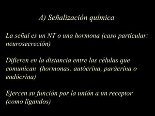 A) Señalización química  La señal es un NT o una hormona (caso particular: neurosecreción) Difieren en la distancia entre las células que comunican  (hormonas: autócrina, parácrina o endócrina) Ejercen su función por la unión a un receptor (como ligandos)  
