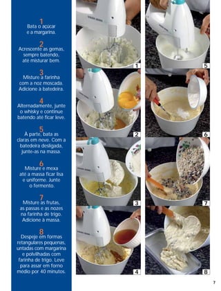 1
    Bata o açúcar
    e a margarina.

          2
Acrescente as gemas,
  sempre batendo,
 até misturar bem.
                          1   5
          3
  Misture a farinha
com a noz moscada.
Adicione à batedeira.

          4
Alternadamente, junte
 o whisky e continue
batendo até ficar leve.

          5
     À parte, bata as     2   6
claras em neve. Com a
  batedeira desligada,
   junte-as na massa.

          6
   Misture e mexa
 até a massa ficar lisa
  e uniforme. Junte
      o fermento.

          7
  Misture as frutas,      3   7
 as passas e as nozes
 na farinha de trigo.
  Adicione à massa.

          8
  Despeje em formas
retangulares pequenas,
untadas com margarina
   e polvilhadas com
 farinha de trigo. Leve
  para assar em forno
médio por 40 minutos.     4   8
                                  7
 