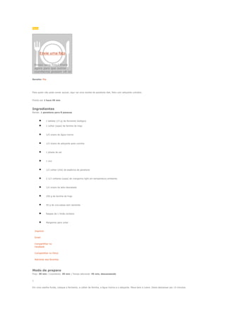 Médio
Receita: Mia
Para quem não pode comer açúcar, aqui vai uma receita de panetone diet, feito com adoçante culinário.
Pronto em 1 hora 45 min
Ingredientes
Rende: 1 panetone para 8 pessoas
• 1 tablete (15 g) de fermento biológico
• 1 colher (sopa) de farinha de trigo
• 1/4 xícara de água morna
• 1/2 xícara de adoçante para cozinha
• 1 pitada de sal
• 1 ovo
• 1/2 colher (chá) de essência de panetone
• 2 1/2 colheres (sopa) de margarina light em temperatura ambiente
• 1/4 xícara de leite desnatado
• 250 g de farinha de trigo
• 50 g de uva-passa sem semente
• Raspas de 1 limão siciliano
• Margarina para untar
Imprimir
Email
Compartilhar no
Facebook
Compartilhar no Orkut
Adicionar aos favoritos
Modo de preparo
Prep: 30 min | Cozimento: 30 min | Tempo adicional: 45 min, descansando
1.
Em uma vasilha funda, coloque o fermento, a colher de farinha, a água morna e o adoçante. Mexa bem e cubra. Deixe descansar por 15 minutos.
 