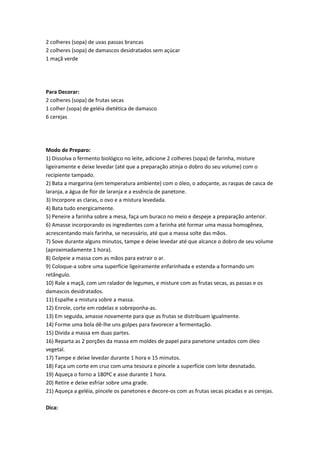 2 colheres (sopa) de uvas passas brancas
2 colheres (sopa) de damascos desidratados sem açúcar
1 maçã verde
Para Decorar:
2 colheres (sopa) de frutas secas
1 colher (sopa) de geléia dietética de damasco
6 cerejas
Modo de Preparo:
1) Dissolva o fermento biológico no leite, adicione 2 colheres (sopa) de farinha, misture
ligeiramente e deixe levedar (até que a preparação atinja o dobro do seu volume) com o
recipiente tampado.
2) Bata a margarina (em temperatura ambiente) com o óleo, o adoçante, as raspas de casca de
laranja, a água de flor de laranja e a essência de panetone.
3) Incorpore as claras, o ovo e a mistura levedada.
4) Bata tudo energicamente.
5) Peneire a farinha sobre a mesa, faça um buraco no meio e despeje a preparação anterior.
6) Amasse incorporando os ingredientes com a farinha até formar uma massa homogênea,
acrescentando mais farinha, se necessário, até que a massa solte das mãos.
7) Sove durante alguns minutos, tampe e deixe levedar até que alcance o dobro de seu volume
(aproximadamente 1 hora).
8) Golpeie a massa com as mãos para extrair o ar.
9) Coloque-a sobre uma superfície ligeiramente enfarinhada e estenda-a formando um
retângulo.
10) Rale a maçã, com um ralador de legumes, e misture com as frutas secas, as passas e os
damascos desidratados.
11) Espalhe a mistura sobre a massa.
12) Enrole, corte em rodelas e sobreponha-as.
13) Em seguida, amasse novamente para que as frutas se distribuam igualmente.
14) Forme uma bola dê-lhe uns golpes para favorecer a fermentação.
15) Divida a massa em duas partes.
16) Reparta as 2 porções da massa em moldes de papel para panetone untados com óleo
vegetal.
17) Tampe e deixe levedar durante 1 hora e 15 minutos.
18) Faça um corte em cruz com uma tesoura e pincele a superfície com leite desnatado.
19) Aqueça o forno a 180ºC e asse durante 1 hora.
20) Retire e deixe esfriar sobre uma grade.
21) Aqueça a geléia, pincele os panetones e decore-os com as frutas secas picadas e as cerejas.
Dica:
 