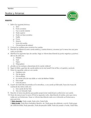 Nombre
Nudos y Amarras
REQUISITOS
1. Definir los siguientes términos:
a. Seno
b. Punta corrediza
c. Fijo o cuerda restante
d. Nudo superior
e. Nudo con lazo corredizo
f. Vuelta
g. Curva
h. Amarra
i. Unión de cuerdas
j. Chicote (punta de trabajo)
2. Conocer los cuidados para conservar las cuerdas.
3. Describir las diferencias entre cuerda estática y cuerda dinámica, enumerar por lo menos tres usos para
cada una de ellas.
4. Identificar los siguientes tipos de cuerdas, haga un informe describiendo los puntos negativos y positivos
del uso de cada uno:
a. Poliéster
b. Sisal
c. Nylon
d. Polipropileno
5. ¿Cuáles son las ventajas y desventajas de la cuerda sintética?
6. Según la Biblia, ¿qué tipo de cuerda estática es la más fuerte? Citar el libro, el capítulo y versículo.
7. Hacer los siguientes nudos en una cuerda:
a. Empalme corto
b. Ojo de águila
c. Piña acollador
d. Un remate piña de rosa doble un nudo de Mathew Walker
e. Piña simple
f. Cola de puerco
8. A partir de materiales encontrados en la naturaleza, o una cuerda ya fabricada, hacer dos trozos de
cuerda de dos metros cada uno:
a. Una cuerda de tres hilos
b. Una con trenzado triple
9. Describir al menos tres plantas que pueden proporcionar material para confeccionar una cuerda.
10. Hacer de memoria por lo menos 20 de los siguientes nudos, describiendo el nombre, para que sirve y
cuáles son sus limitaciones. Hacer un informe describiendo cada uno e indicando sus limitaciones y
para qué sirve.
• Nudos elementales: Nudo simple, Nudo ocho, Nudo fraile.
• Nudos de unión: Nudo llano/verdadero/derecho, etc, Nudo grupo de calabrote o carrick, Nudo grupo
de calabrote doble, Nudo pescador, Nudo de pescador doble, Nudo de cazador o hunter, Nudo falso,
 