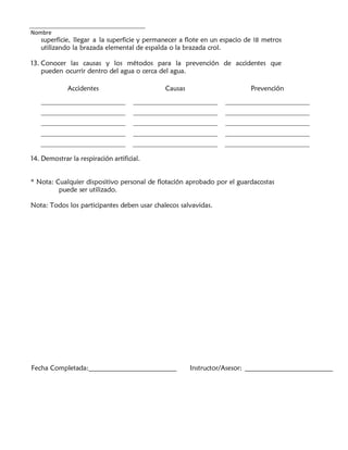 Nombre
superficie, llegar a la superficie y permanecer a flote en un espacio de 18 metros
utilizando la brazada elemental de espalda o la brazada crol.
13. Conocer las causas y los métodos para la prevención de accidentes que
pueden ocurrir dentro del agua o cerca del agua.
Accidentes Causas Prevención
14. Demostrar la respiración artificial.
* Nota: Cualquier dispositivo personal de flotación aprobado por el guardacostas
puede ser utilizado.
Nota: Todos los participantes deben usar chalecos salvavidas.
Fecha Completada: Instructor/Asesor:
 