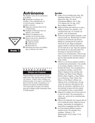 Astrónomo
1. Nombre varios de los astrónomos
de la Biblia.
2. Identiﬁque un planeta, dos
estrellas, y tres constelaciones en
el cielo de noche e indique sus
nombres correctos.
3. Haga una caja para observar las
constelaciones.
4. Explique la diferencia entre un
planeta y una estrella.
5. Observe los planetas y las
estrellas en el cielo de noche.
6. Observe dos de los siguientes y
dibuje con crayones:
a. salida de la luna
b. salida del sol
c. puesta del sol.
7. Encuentre tres textos en la Biblia
que se reﬁeran a los cielos.
P A S O A P A S O
Haga un dibujo con crayones de cera en
papel ﬁrme. Deje algunas partes del dibujo
sin colorear. Coloree sobre el dibujo con
pintura de agua. (Use negro o azul obscuro
para el cielo de noche.) La pintura no se
pegará en las partes del dibujo pintadas
con crayón sólo en la parte sin colorear,
para que el dibujo resalte claramente sobre
el fondo pintado.
Ayudas
1. Adán y Eva (La Educación, Pág. 20);
Abraham (Génesis 15:5); José (La
Educación. Pág. 52); Jesús
(Comentario Bíblico, Vol. 5, Pág.
117); Moisés (P. y P., Pág. 475);
Reyes Magos (Mateo 2:2).
2. Salga de noche para observar el cielo y
dibuje el planeta, las estrellas, y las
constelaciones que vio. Cuando sea
posible, visite un planetario.
3. Tome una caja de zapatos pequeña, o una
caja de cereal, etc. Permita que los niños
escojan la constelación que deseen.
Dibuje la constelación en la parte de
afuera de la caja. Haga un pequeño
agujero donde se ubicará cada estrella.
Al otro lado de la caja haga dos agujeros
del tamaño de los ojos para poder ver.
Sostenga la caja hacia la luz para
observar las constelaciones. Trate de que
haya variedad en las constelaciones para
que los niños puedan adivinar cuál(es)
están viendo.
4. Observe y reconozca algunas estrellas y
constelaciones prominentes. Una estrella
es un cuerpo singular, como lo es la
Estrella del Norte. Una constelación es
un grupo de estrellas, como la Osa
Mayor. Algunas de las estrellas más
brillantes son Polar, Castor, Régulo,
Deneb, Altair, Capella, y Vega. Orión,
Leo, Libra,Lyra, Virgo, Tauro, Osa
Mayor, y Can Mayor y Menor son
algunas de las constelaciones. Escoja
varias de cada una, ubicando las más
fáciles de encontrar e identiﬁcar en su
área durante la época del año cuando
está tomando la clase o especialidad.
5. Salga de la ciudad y de las luces para ver
el cielo de noche. Vea un programa, o
video, etc., acerca de las constelaciones.
¡Disfrútelo!
6. Observe la salida del sol, la puesta del sol
y/o la salida de la luna. Haga de esto un
tiempo entretenido al contemplar el
maravilloso resplandor que Dios creó.
7. La Concordancia Bíblica enumera
muchos textos. Por ejemplo, lea y
explique: Génesis 1: 16;
Deuterononio 10:22; Isaías 13:10;
Mateo 2:10.
Dibujos con Crayones
Grado 3
 