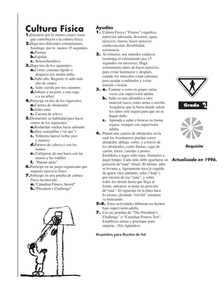 Cultura Física
1.Enumere por lo menos cuatro cosas
que contribuyen a la cultura física.
2.Haga tres diferentes estiramientos.
Sosténga por lo menos 15 segundos.
a.Piernas
b.Espalda
c. Brazos/hombros
3.Haga tres de los siguientes:
a.Correr, caminar rápido o
despacio por media milla.
b.Salte alto. Registre el salto más
alto de cuatro.
c. Salte cuerda por tres minutos.
d.Súbase a un polo, a una soga
o a un árbol.
4.Participe en dos de los siguientes:
a.Carrera de obstáculos
b.Salto rana
c. Carrera de relevo
5.Demuestre su habilidad para hacer
cuatro de los siguientes:
a.Rodar/dar vueltas hacia adelante
b.Diez sentadillas (“sit ups”)
c. Voltereta lateral (sobre pies
y manos)
d.Pararse de cabeza o con las
manos
e. Cuélguese de una barra con las
manos y las rodillas
f. “Puente atrás”
6.Participe en un juego organizado que
requiere ejercicio físico
7.Participe en una prueba de cultura
física reconocida:
a.“Canadian Fitness Award”
b.“President’s Challenge”
Ayudas
1. Cultura Física (“Fitness”) signiﬁca:
nutrición adecuada, descanso, agua,
ejercicio, fuerza, hacer ejercicio
cardiovascular, ﬂexibilidad,
resistencia.
2. Al estirarse, use métodos estáticos
(sostenga el estiramiento por 15
segundos sin moverse). Haga
estiramiento antes de hacer ejercicio,
para evitar lastimarse y después,
cuando los músculos están calientes,
para ayudar a enfriarlos y evitar
tensión o lesión.
3. a. Camine o corra en grupo varias
veces con supervisión adulta.
b. Salte en una alfombra u otro
material suave como arena o aserrín.
Asegúrese que la barra donde saltan
los niños esté segura para que no se
hagan daño.
c. Aprenda a subir o brincar en forma
segura, siempre con supervisión
adulta.
4. Planee una carrera de obstáculos en la
cual los Aventureros puedan correr
alrededor, debajo, sobre, y a través de
los obstáculos, como llantas, cajas de
cartón, torres, cuerdas y postes.
Enséñeles a jugar salto rana. Anímelos a
jugar limpio. Cada niño debe agacharse en
posición de“rana” (fetal). El último niño
se levanta y, ligeramente toca la espalda
de quien vaya adelante, salta (“leap”)
por encima de esa “rana”, y sobre
todos los demás hasta que llega al
frente, entonces se pone en posición
de“rana”. El siguiente en la línea hace
lo mismo, diciendo “rrri-bit” mientras
va brincando.
5-6. Estas actividades debieran ser hechas
bajo supervisión adulta.
7. Use las pruebas de “The President’s
Challenge” o “Canadian Fitness Test”.
Establezca metas y practique para
mejorar. (Ver Apéndice)
Requisitos para Rayitos de Sol
Requisito
Actualizado en 1996.
Grado 2
 