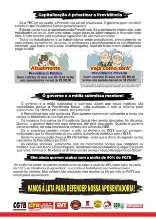 Capitalização é privatizar a Previdência
Se a PEC for aprovada, a Previdência vai ser privatizada. O governo quer transferir
o dinheiro da Previdência pública para os bancos.
É disso que se trata a capitalização da Previdência. Se o sistema for implantado, todo
trabalhador vai ter de abrir uma conta, pagar taxas de administração e depositar todo
mês. E tudo sozinho, pois o patrão e o governo não vão mais contribuir.
Todos os trabalhadores e as trabalhadoras serão prejudicados, principalmente os
mais pobres, as mulheres, os rurais, os professores e as professoras e os trabalhadores
informais, que ficam anos e anos desempregados, fazendo bicos e sem dinheiro para
pagar o INSS.
O governo e a mídia submissa mentem!
O governo e a mídia tradicional e submissa dizem que essas medidas são
necessárias porque a Previdência Social está quebrada e com a reforma pode
economizar R$ 1 trilhão em 10 anos. Isto é mentira!
A Previdência não está quebrada. Eles querem economizar colocando a conta nas
costas do trabalhador e dos mais pobres.
Os recursos financeiros da Previdência Social vêm sendo desviados há décadas.
Quando o governo desonera uma empresa, ele está desviando. Quando o governo
isenta um setor, ele esta desviando o dinheiro dos cofres do INSS.
Os empresários também metem a mão no dinheiro do INSS quando sonegam,
embolsam o que foi descontado do seu salário ao invés de contribuir com o INSS.
Somente a sonegação chega a R$ 450 bilhões - mais que o dobro do suposto rombo
nas contas da Previdência em 2018.
As centrais sindicais, juntamente com os movimentos sociais que compõem as
frentes Povo Sem Medo e Brasil Popular, reafirmam: não aceitaremos qualquer proposta
que retire, diminua ou flexibilize os direitos sociais assegurados pela Seguridade Social!
Previdência Pública
Quem contribui 35 anos com R$ 79,84 recebe
uma aposentadoria mensal de R$ 998,00
AtualmenteAtualmenteAtualmente
Previdência Privada
Quem contribui 35 anos com R$ 100,00
recebe uma pensão mensal de R$ 234,54*
Veja como será*Veja como será*Veja como será*
*Renda vitalícia; perfil de investimento conservador; sem aporte de entrada (opções similares
às características da previdência social pública); Resultados obtidos no Simulador Zurich.
Fonte:DIEESE
VAMOSÀLUTAPARADEFENDERNOSSAAPOSENTADORIA!
Eles ainda querem acabar com a multa de 40% do FGTS
Se a reforma passar, os patrões estarão livres de pagar a multa de 40% sobre saldo na conta
do FGTS ao trabalhador já aposentado, que continua trabalhando na mesma empresa,
quando for demitido. Eles também não precisarão mais recolher os 8% por mês no FGTS aos
empregados aposentados.
 