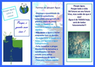 Formas de poupar Água:
-Diminua a quantidade de
água no autoclismo,
colocando uma garrafa de
plástico cheia de areia;
-Evite os banhos de
imersão e opte por duches
rápidos.
-Não deixe a água a correr
enquanto lava os dentes;
-Quando lavar a roupa ou a
loiça, use apenas a água
indispensável;
-Evite torneiras a pingar.
Mantenha as torneiras e
canalizações em bom
estado para evitar
desperdícios de água;
-Faça uma leitura regular
Poupe, e
ganhe com
isso !
Poupe água,
salve o
nosso
Poupe água,
Poupe toda a vida
Dê futuro ao seu futuro
Viva, mas cuide do que é
seu!
Água é de TODOS hoje,
será de todos
futuramente?!
 