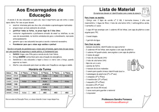 Aos Encarregados de
Educação
A escola é do seu educando e é para ele, mas é importante que ele sinta o vosso
apoio diário. Por isso os pais devem:
 mostrar interesse pelo seu dia a dia, atividades e aprendizagens realizadas;
 proporcionar um bom ambiente de estudo;
 justificar todas as faltas, no prazo legal de 3 dias úteis;
 contactar regularmente a professora através de email ou telefone, ou em
caso de necessidade, no horário estabelecido para o atendimento, marcando
antecipadamente;
 garantir que o seu educando leva para a escola o material necessário;
 Providenciar para que o aluno seja assíduo e pontual.
Devido à situação de pandemia que o nosso país atravessa, agora mais do que nunca,
por uma questão de segurança e saúde pública, é fundamental que:
 NUNCA traga o seu filho para a escola se ele tiver febre;
 Esteja SEMPRE contactável para uma situação de emergência;
 Sensibilize o seu educando a tapar a boca e o nariz com o braço, quando
espirrar ou tossir;
 Alerte o seu educando para lavar as mãos com frequência com água e sabão.
Horário da Turma
Início Fim 2.ªfeira 3.ªfeira 4.ªfeira 5.ªfeira 6.ªfeira
09h00 10h30 Aulas Aulas Aulas Aulas Aulas
10h30 11h00 INTERVALO
11h00 12h30 Aulas Aulas Aulas Aulas Aulas
12h30 14h ALMOÇO
14h00 15h30 Aulas/AEC Aulas Aulas Aulas Aulas
15h30 16h00 INTERVALO
16h00 17h00 Aulas AEC AEC AEC AEC
Lista de Material
Os materiais devem vir identificados com o nome do aluno/a
Para trazer na mochila:
- Estojo com: 2 lápis de carvão n.º 2 HB, 1 borracha branca, 1 afia com
reservatório, 1 régua de 15cm, 1 tubo de cola baton UHU, 1 esferográfica verde,
1 vermelha e 2 azuis.
- 1 capa A4 tipo envelope com: 1 caderno A5 de linhas, com capa de plástico e sem
argolas para TPC.
- 1 boné/chapéu
- 1 garrafa de água.
Para ficar na sala:
- manuais escolares, identificados na capa exterior
- 2 cadernos A4 de linhas, sem argolas e com capa de plástico
- 1 caderno A4 quadriculado, sem argolas e com capa de plástico
- 1 resma de papel
- 1 tubo de cola líquida UHU
- 1 tubo de cola baton UHU
- lápis de cor e cera
- canetas de feltro
- 1 tesoura de bicos redondos
- 1 caneta para quadro branco identificada (azul ou preta)
- 1 embalagem de plasticina (1º e 2º ano)
- 1 compasso (3º e 4ºano)
- 1 transferidor (3º e 4ºano)
- 1 esquadro (3º e 4ºano)
- dicionário (3ºe 4º ano)
- capa com micas (40 micas)
- 1 caixa vazia para guardar o material
- 1 arquivador
Professora Sandra Fonseca
sandrafonseca@aemn.pt
Para as aulas de Educação Física, os alunos deverão trazer roupa desportiva.
 