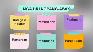 MGA URI NGPANG-ABAY
benepaktibo Kusatibo Kundisyunal
pamitagan panulad pananggi
 